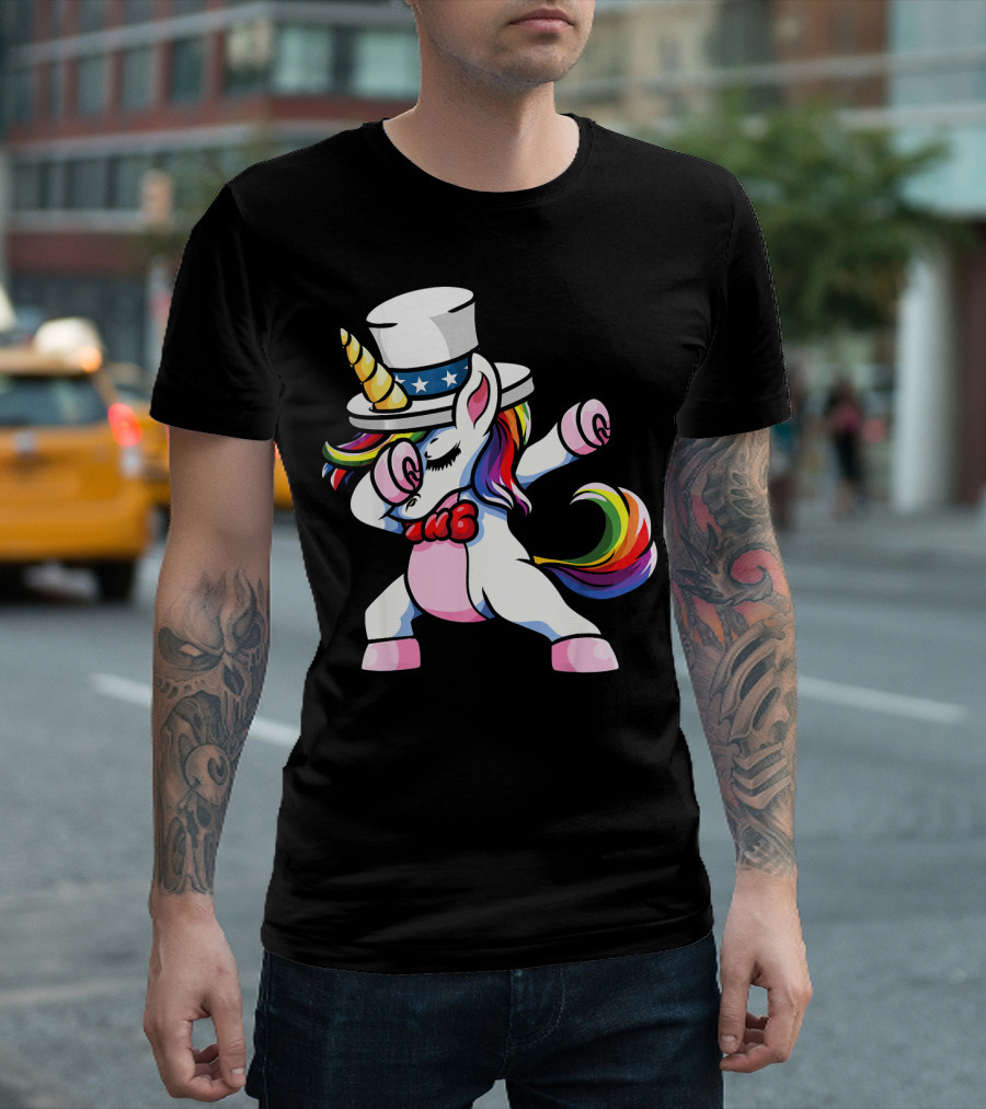 Girls Dabbing Unicorn with Patriotic American Hat T-Shirt