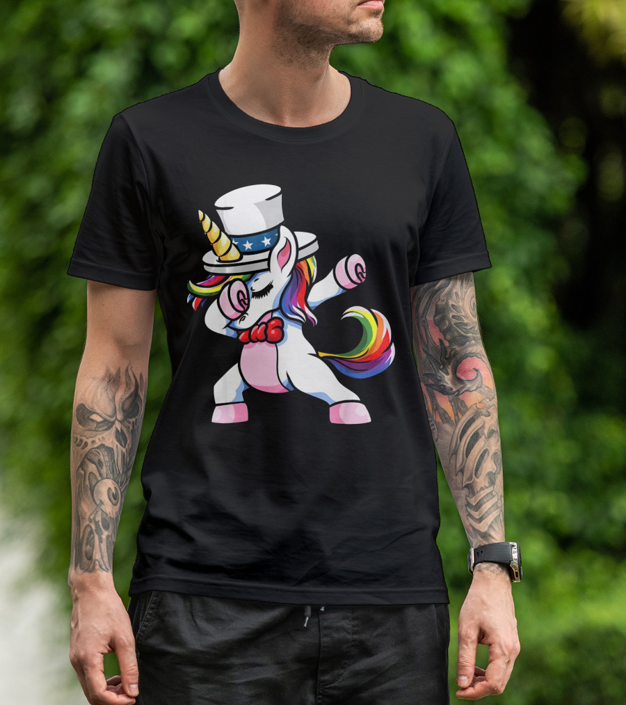 Girls Dabbing Unicorn With Patriotic American Hat T-Shirt