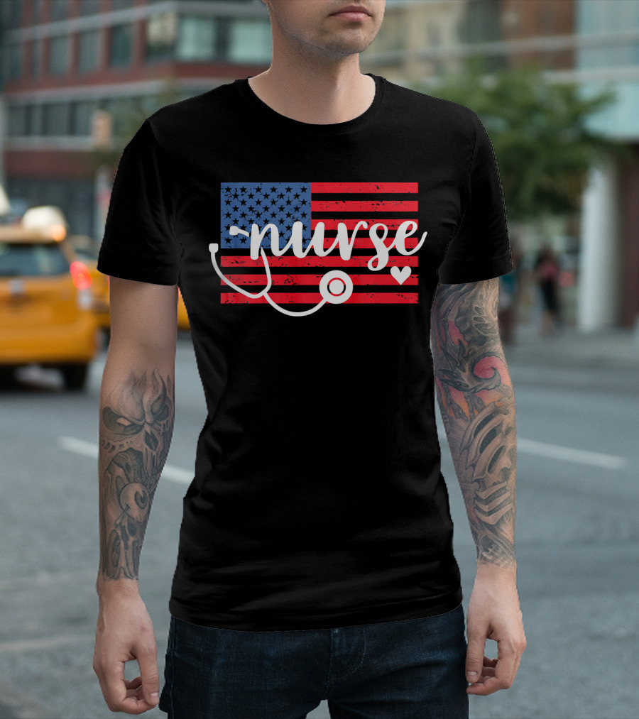 Nurse American Flag With Stethoscope And Heart T-Shirt