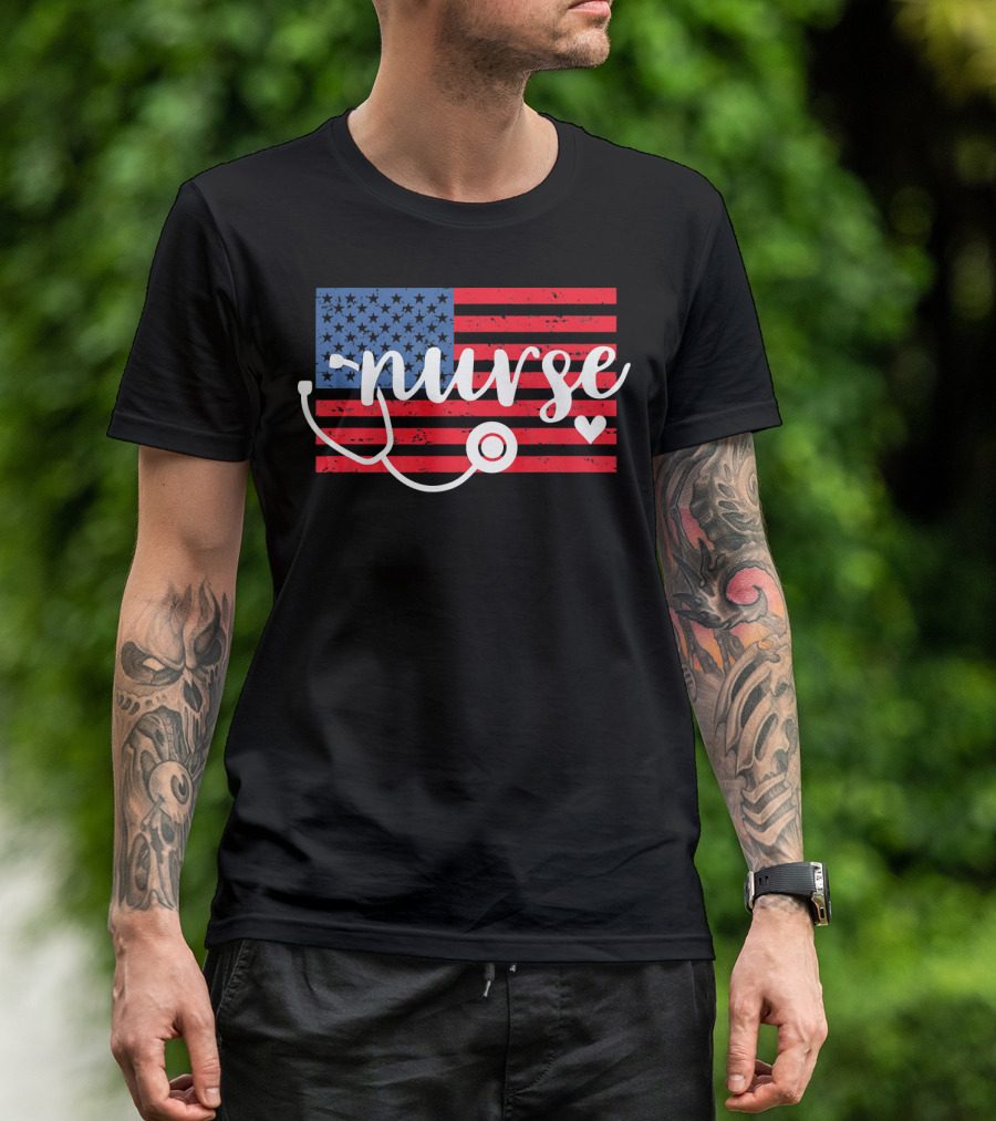 Nurse American Flag With Stethoscope And Heart T-Shirt