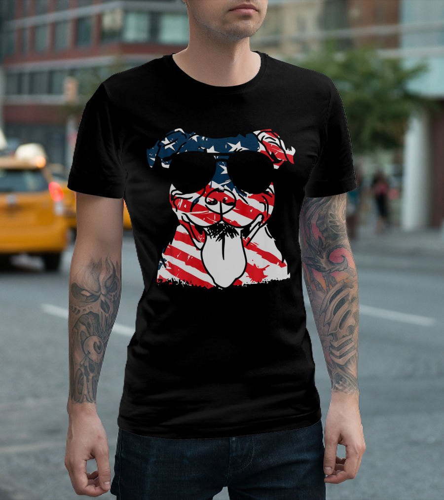 4th Of July Pitbull With American Flag Sunglasses And Stars Stripes T-Shirt