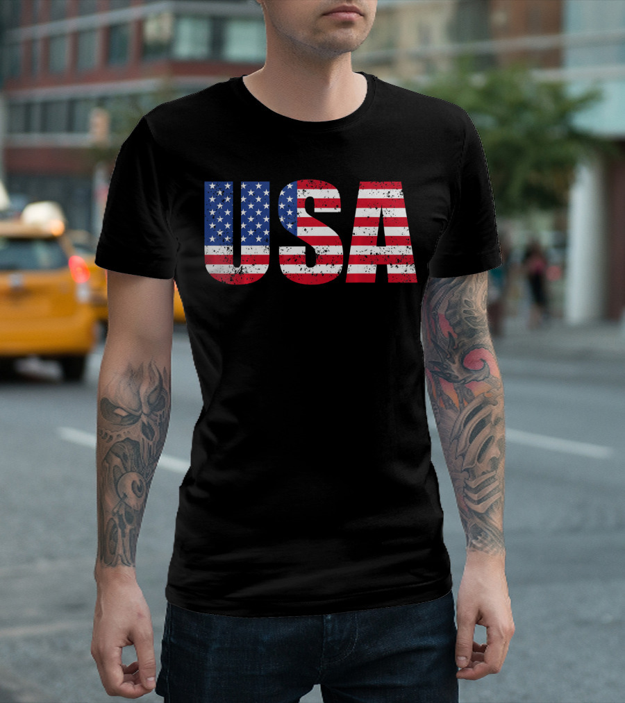 USA Flag American Patriotic Stars and Stripes Bold Lettering T-Shirt