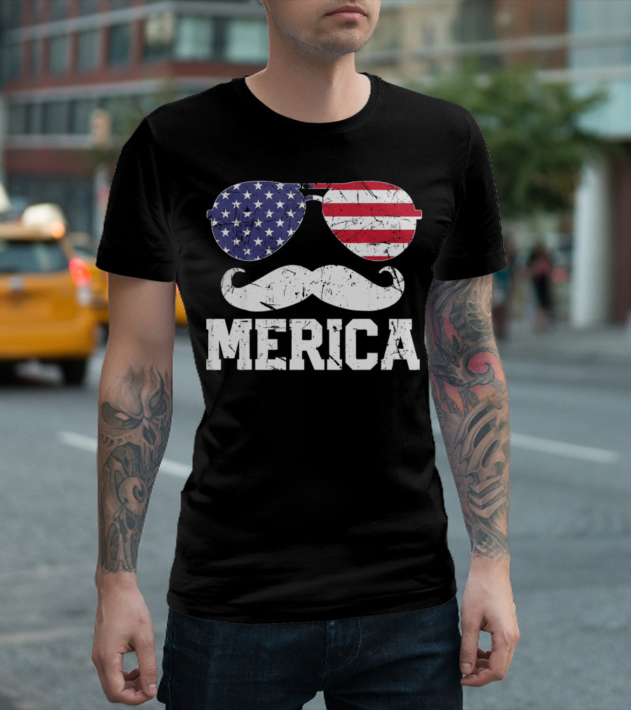 MERICA 4th Of July American Flag Sunglasses And Mustache T-Shirt