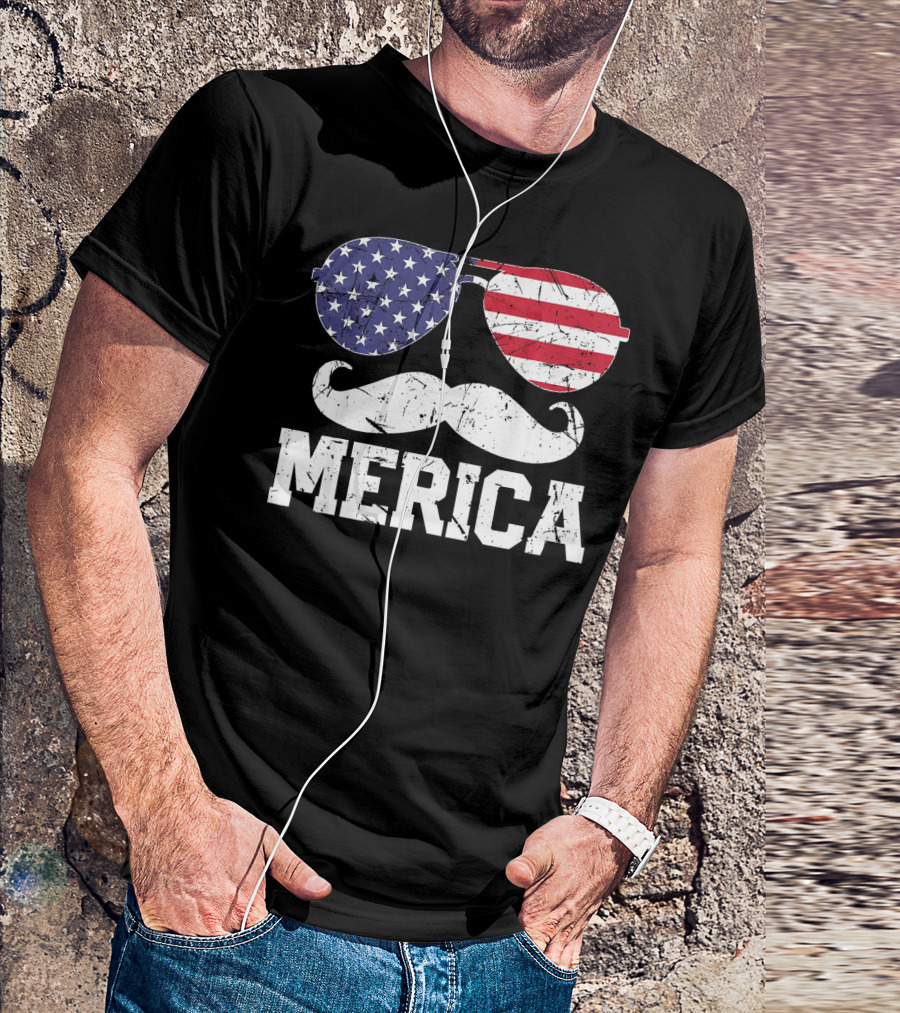 MERICA 4th Of July American Flag Sunglasses And Mustache T-Shirt