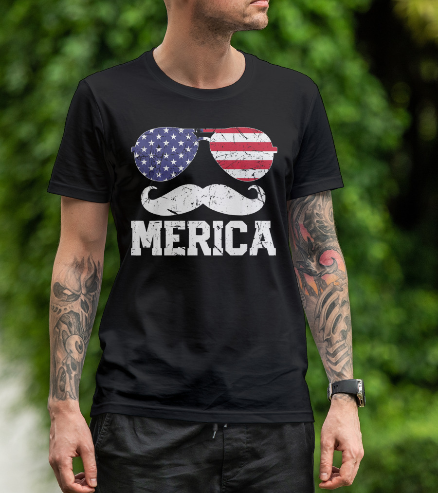 MERICA 4th Of July American Flag Sunglasses And Mustache T-Shirt