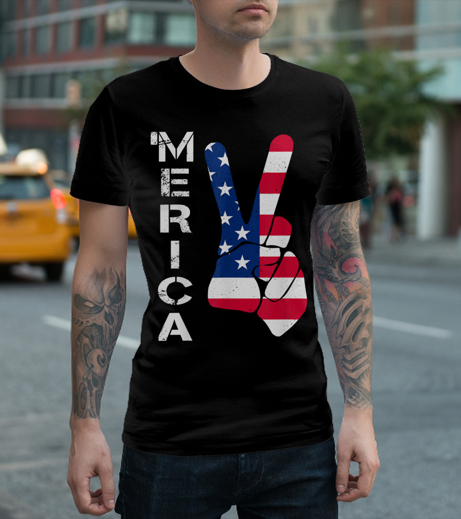 MERICA Peace Sign Hand Stars Stripes 4th Of July T-Shirt
