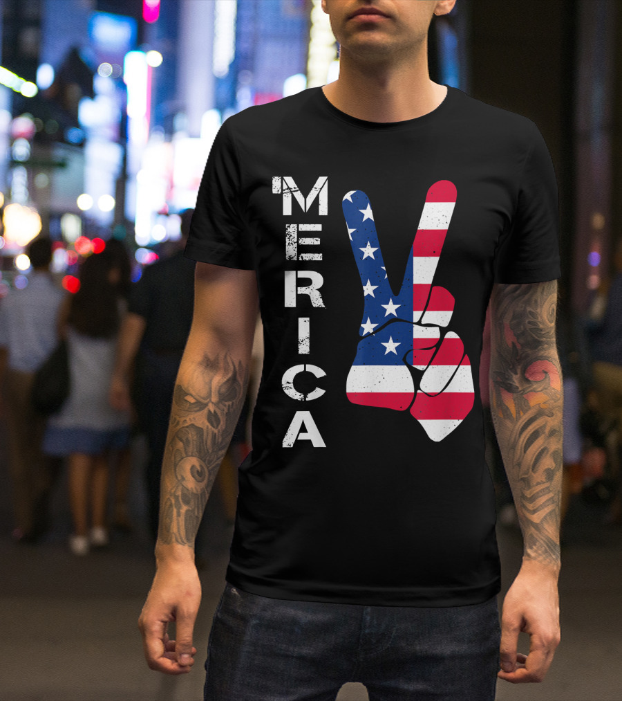 MERICA Peace Sign Hand Stars Stripes 4th Of July T-Shirt