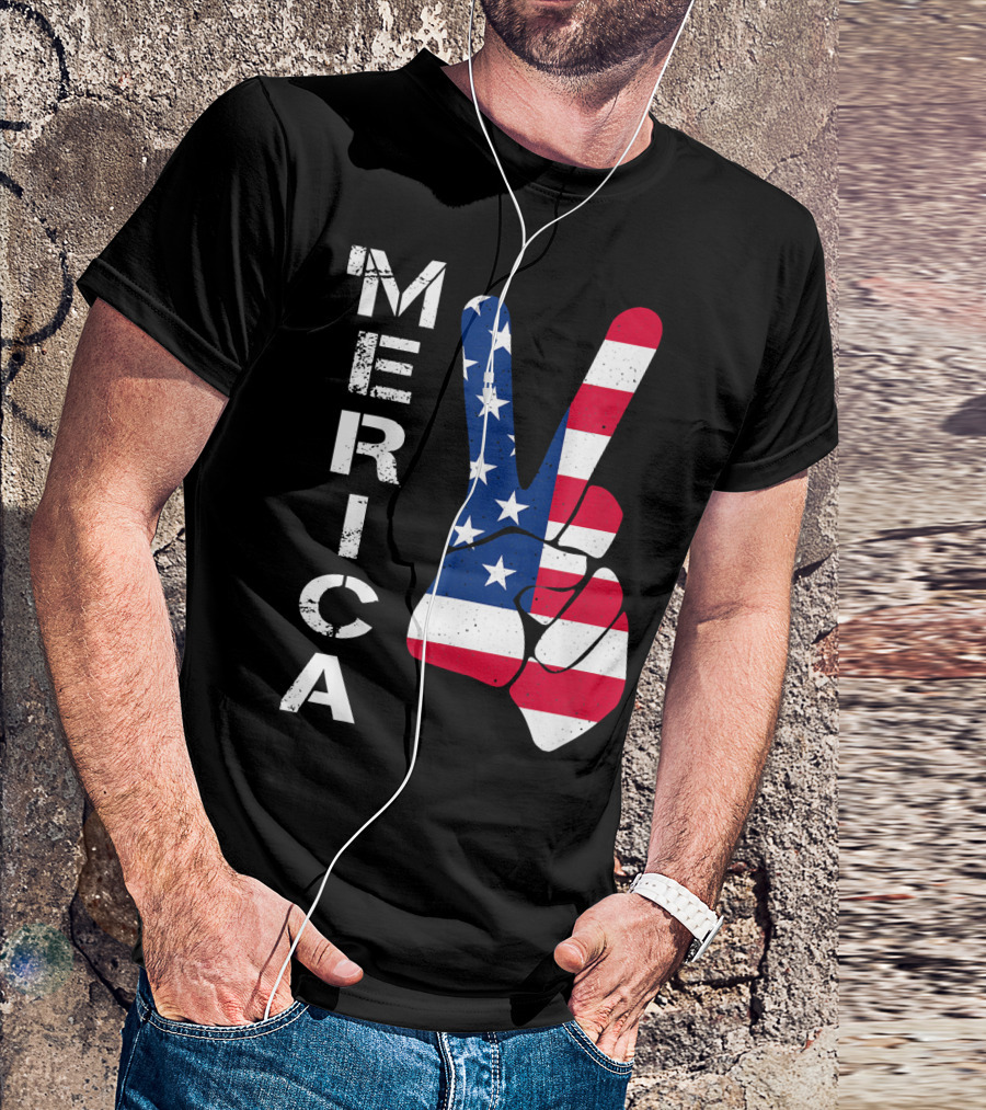 MERICA Peace Sign Hand Stars Stripes 4th Of July T-Shirt