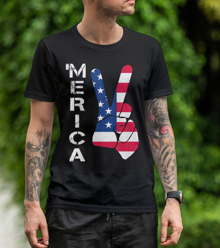 MERICA Peace Sign Hand Stars Stripes 4th Of July T-Shirt