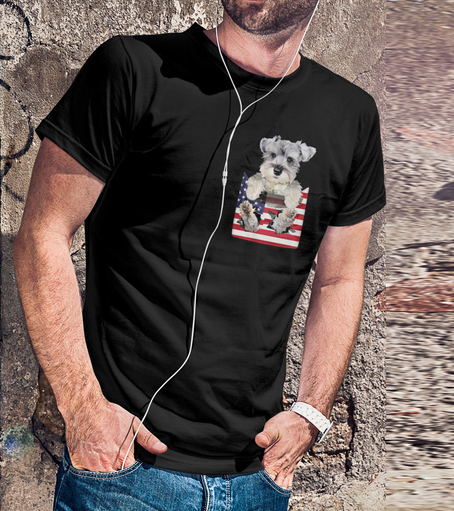 Schnauzer Dog In Pocket With American Flag T-Shirt