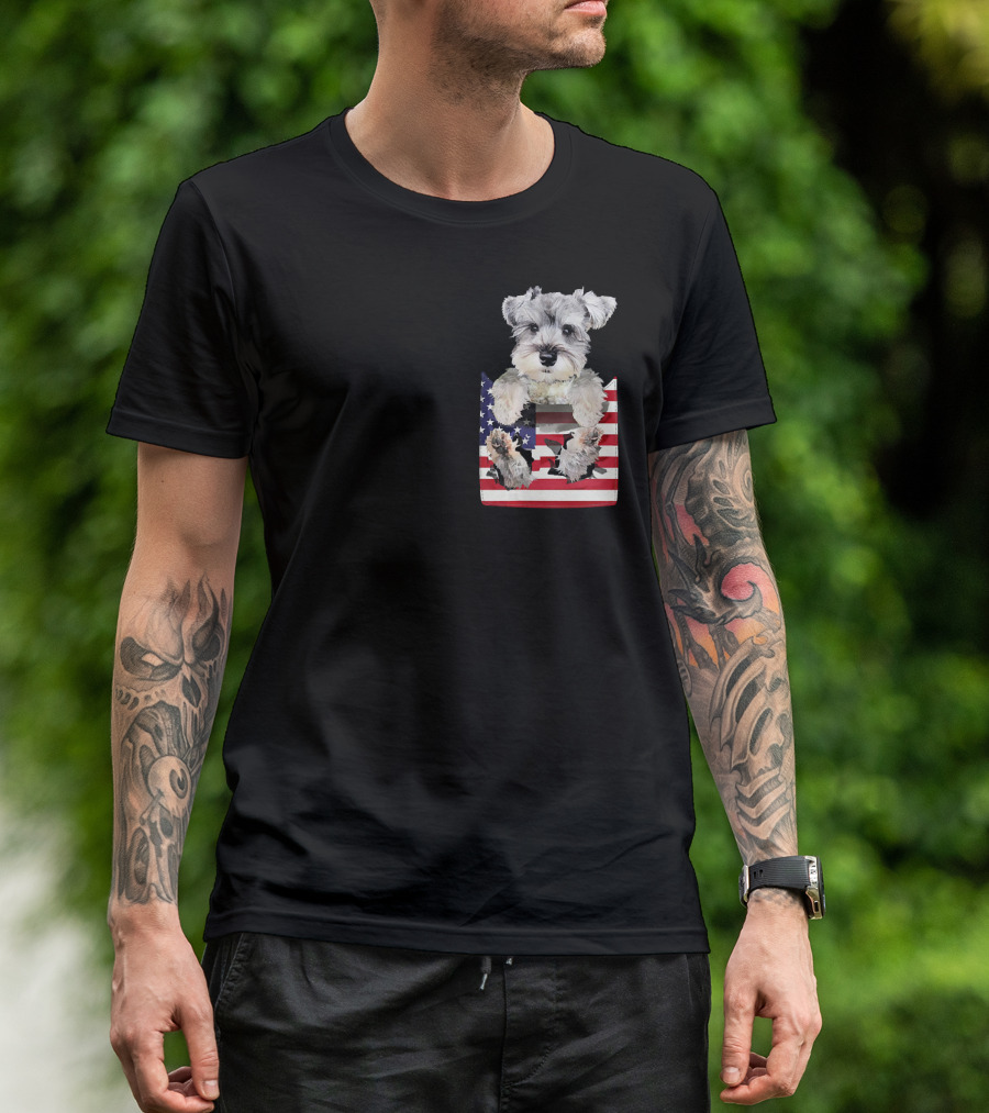 Schnauzer Dog In Pocket With American Flag T-Shirt