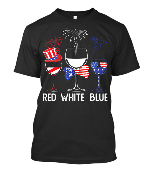 Red White Blue Wine Glasses Patriotic Fireworks USA T-Shirt