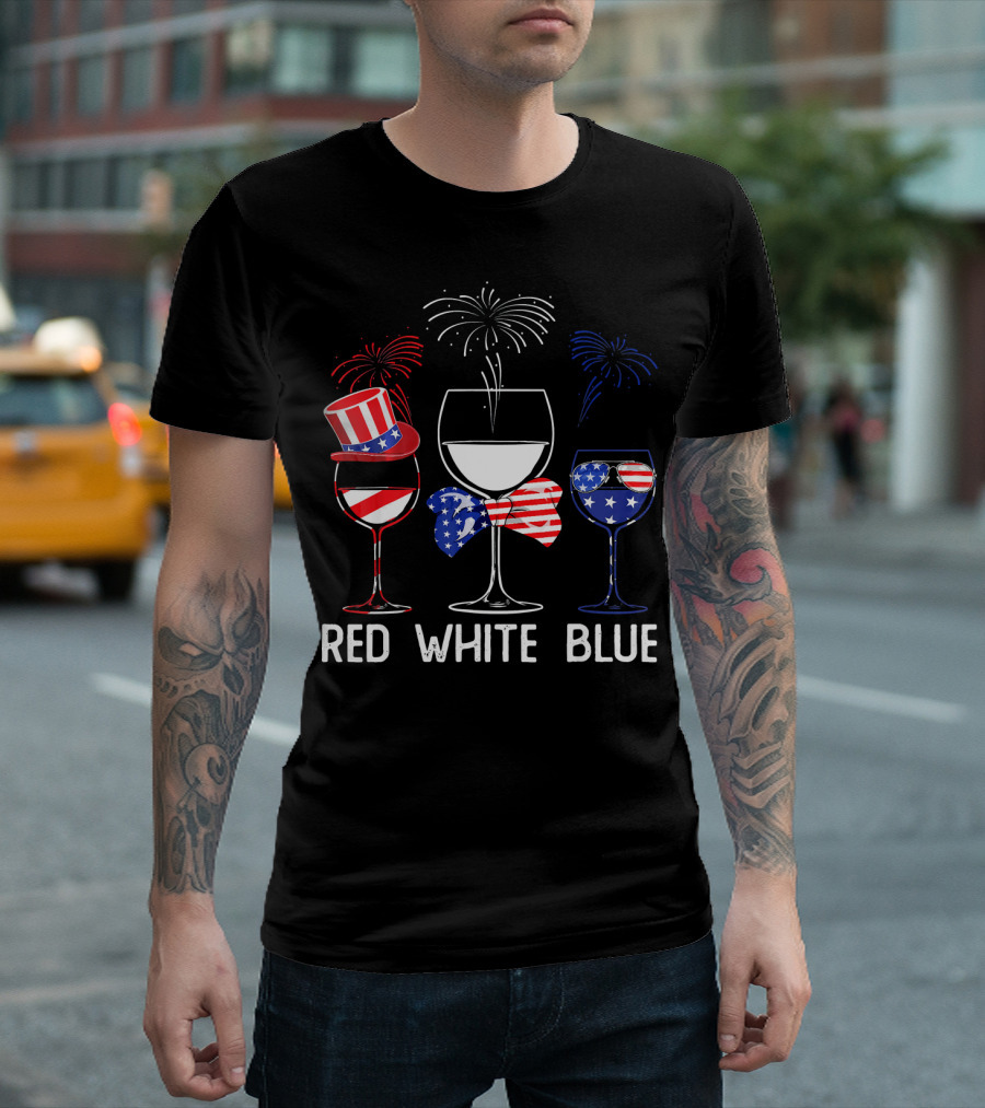Red White Blue Wine Glasses Patriotic Fireworks USA T-Shirt