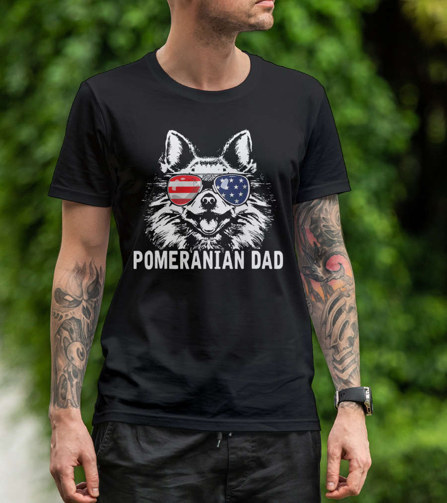 Pomeranian Dad American Flag Sunglasses T-Shirt