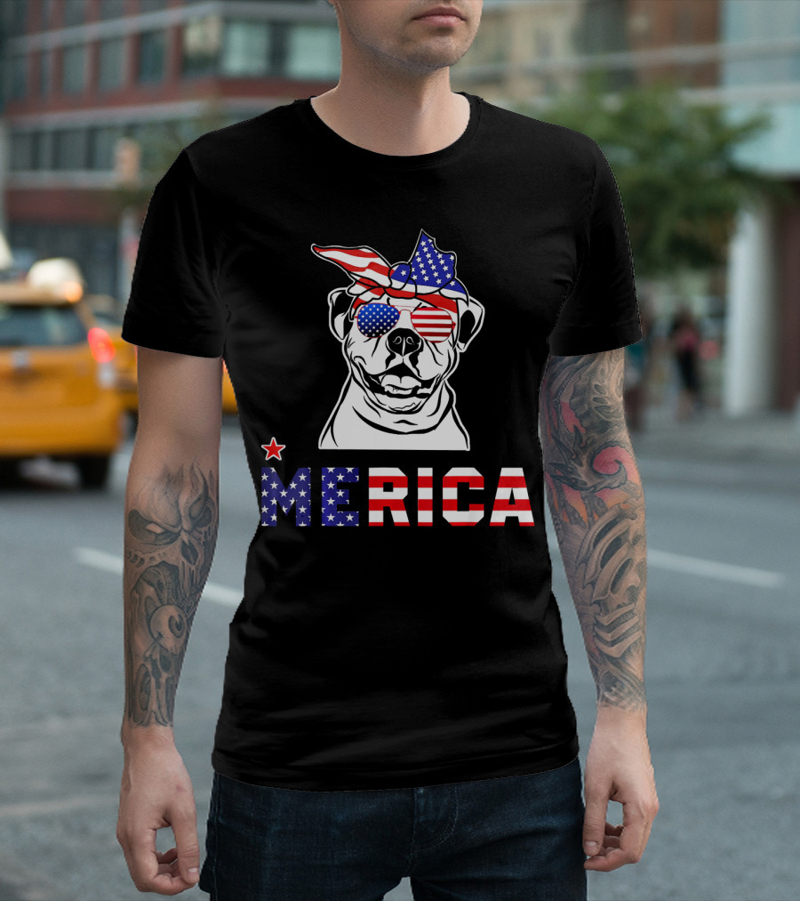 Merica American Bulldog With Flag Bandana And Sunglasses 4th Of July T-Shirt