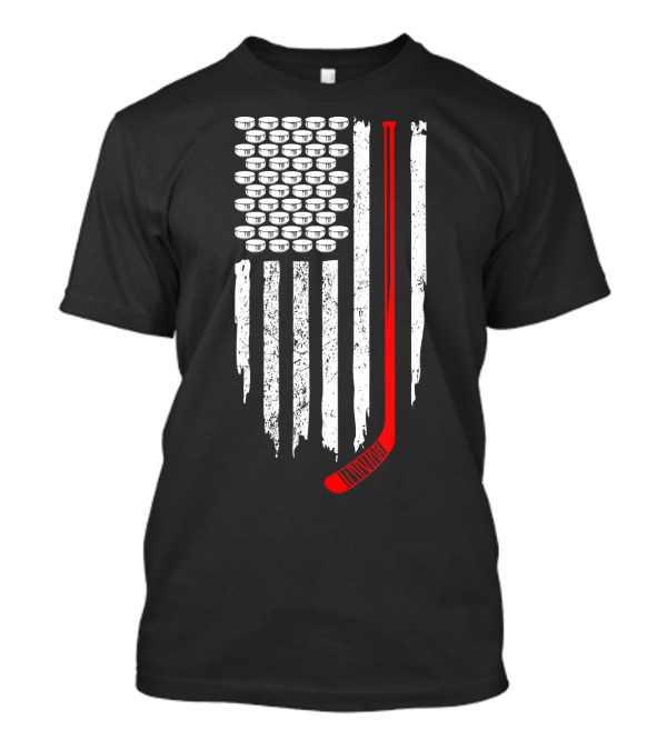 Patriotic Hockey Flag Design With Red Hockey Stick And Puck Stars T-Shirt