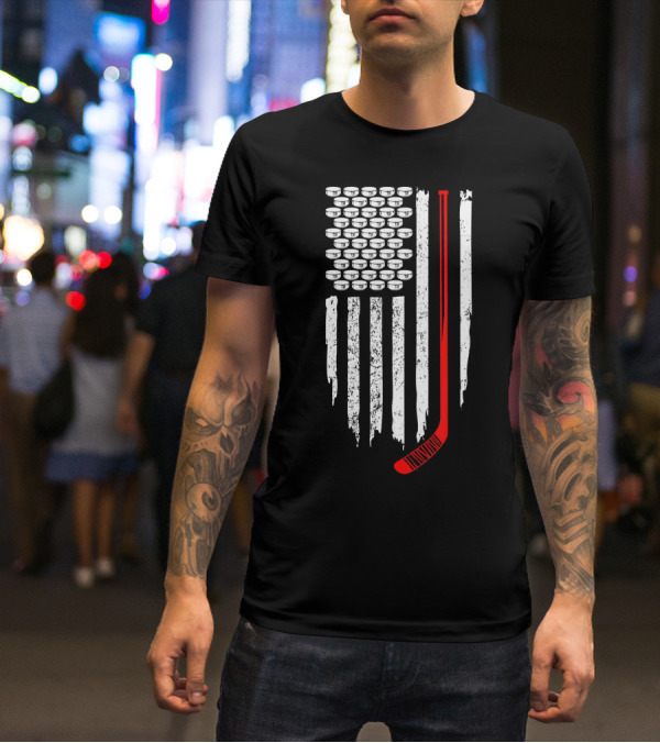 Patriotic Hockey Flag Design With Red Hockey Stick And Puck Stars T-Shirt