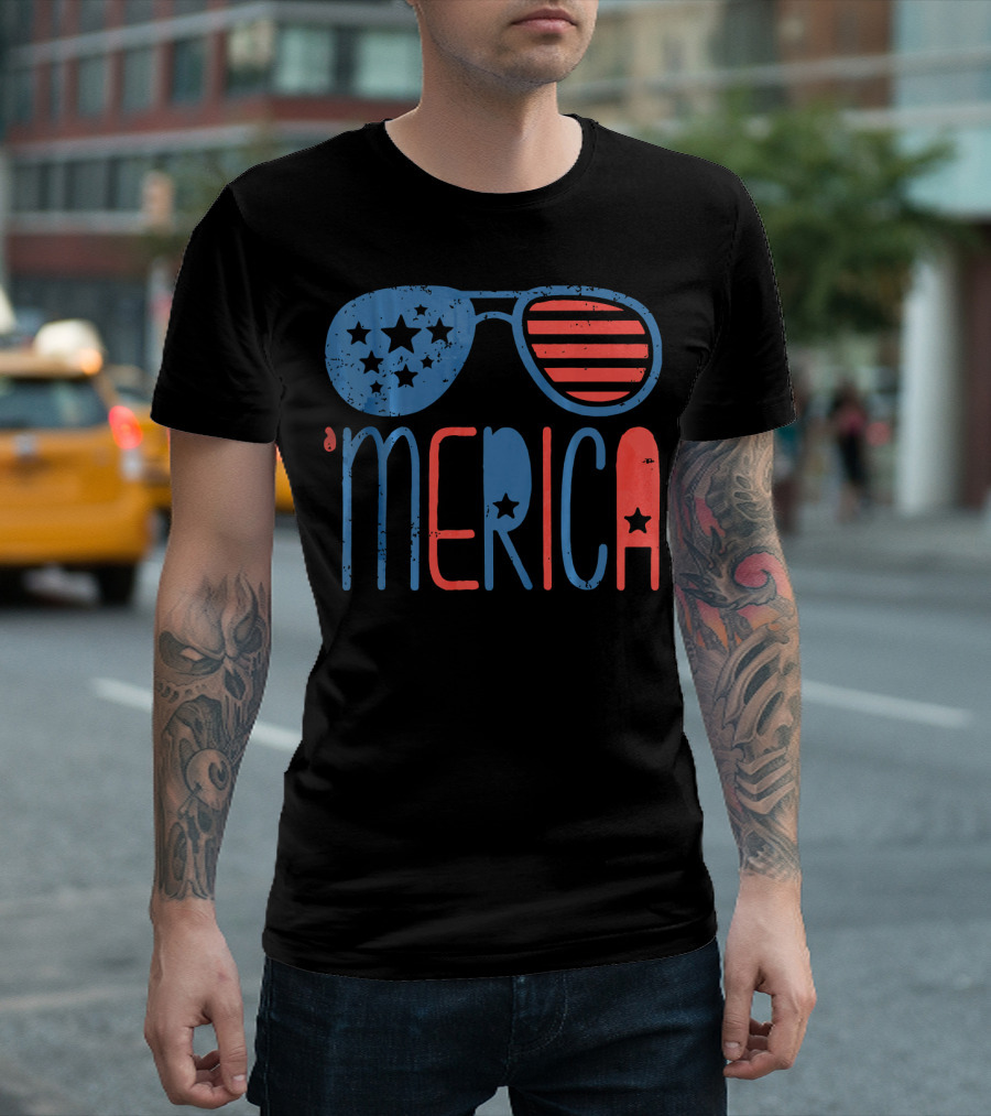 '4th Of July Patriotic 'Merica Aviators With Stars And Stripes' T-Shirt