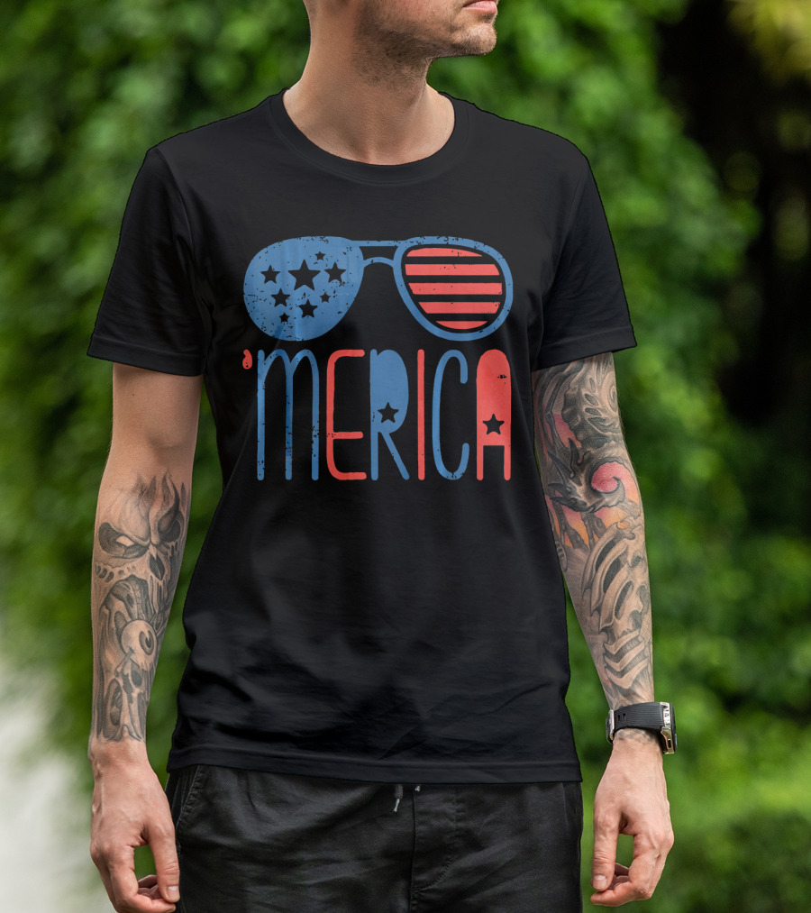 '4th Of July Patriotic 'Merica Aviators With Stars And Stripes' T-Shirt