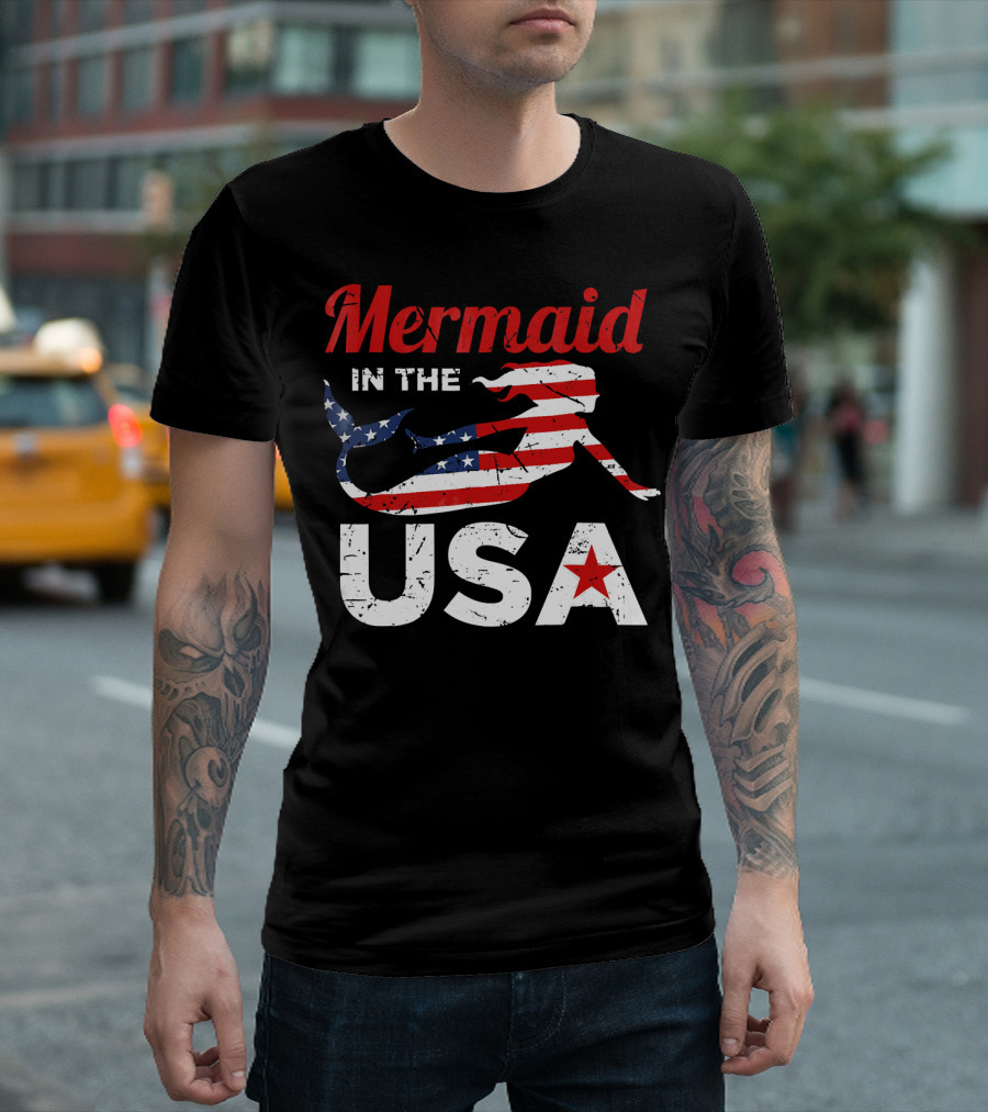 Mermaid In The USA American Flag T-Shirt