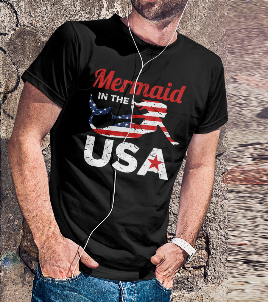 Mermaid In The USA American Flag T-Shirt