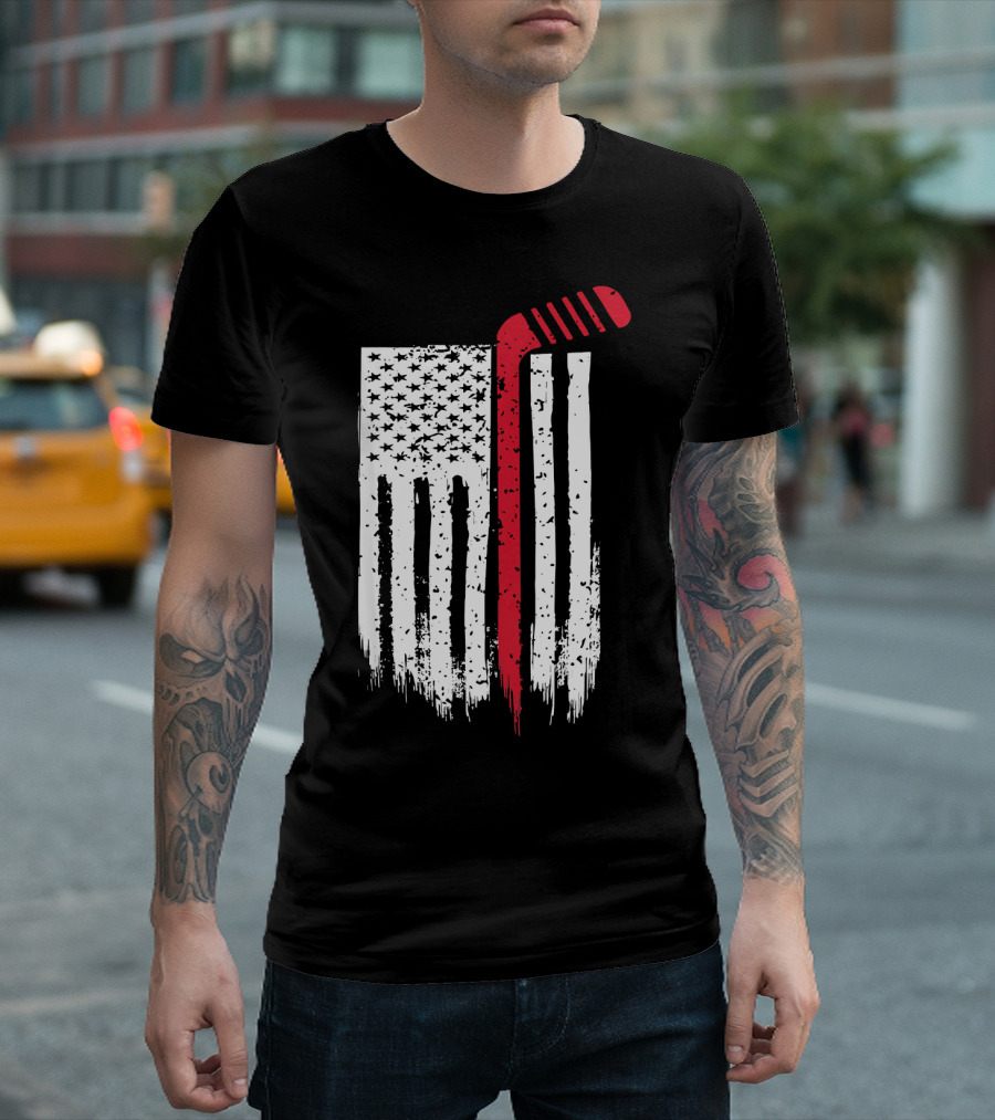 American Flag Hockey Stick Red Line 4th Of July T-Shirt
