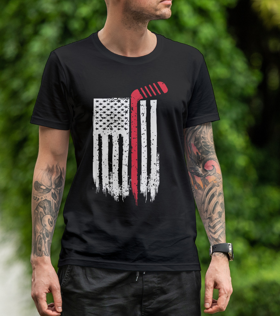 American Flag Hockey Stick Red Line 4th Of July T-Shirt