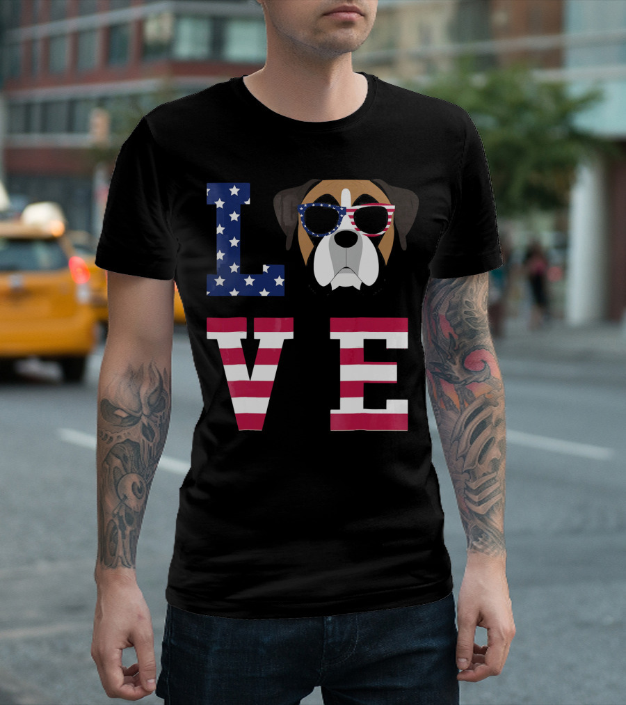 LOVE Boxer Dog 4th Of July American Flag Sunglasses T-Shirt
