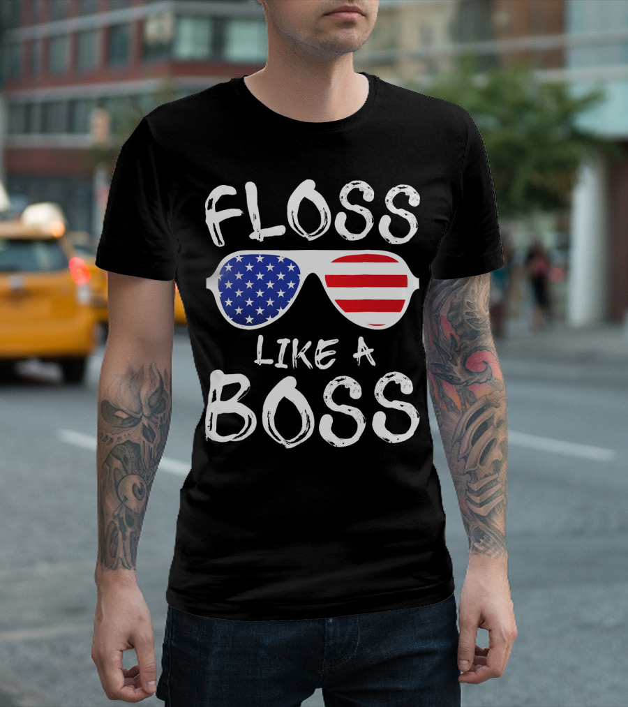 Floss Like A Boss Patriotic Sunglasses USA Stars Stripes 4th Of July T-Shirt