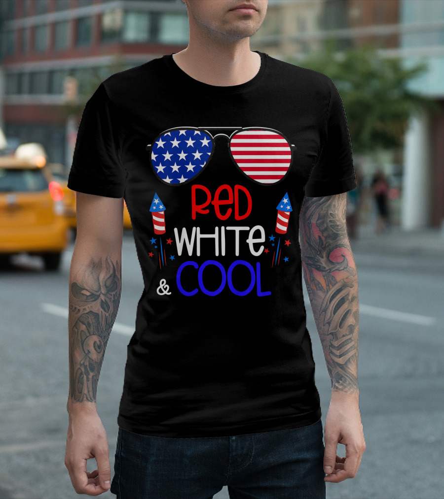 Kids Boys 4th of July Red White and Cool Patriotic Sunglasses Fireworks T-Shirt