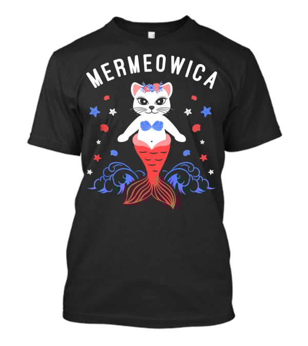 Mermeowica Patriotic Cat Mermaid With Flowers And Stars T-Shirt