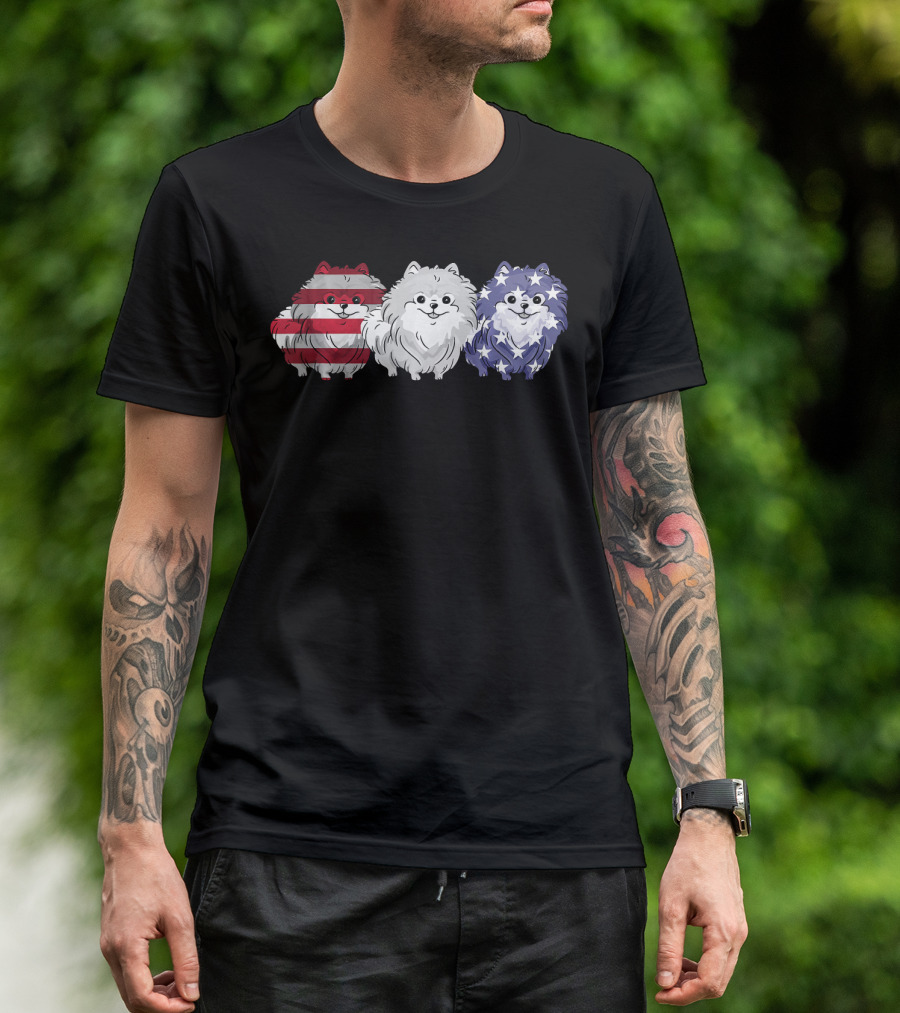 Patriotic Pomeranian Dog Lover American Flag Trio T-Shirt
