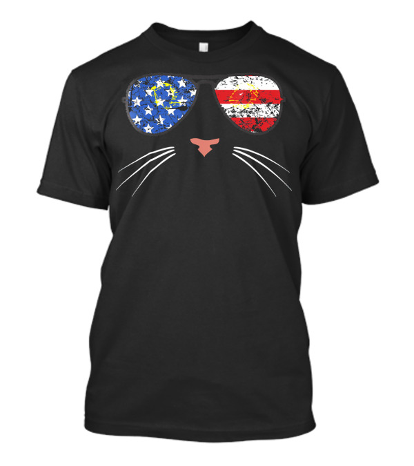 American Cat Face Stars Stripes USA Sunglasses T-Shirt