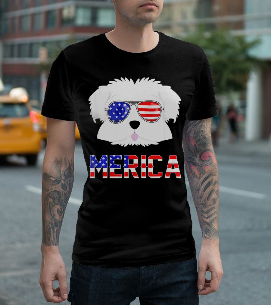 'Merica Maltese Dog 4th Of July USA Flag Sunglasses T-Shirt