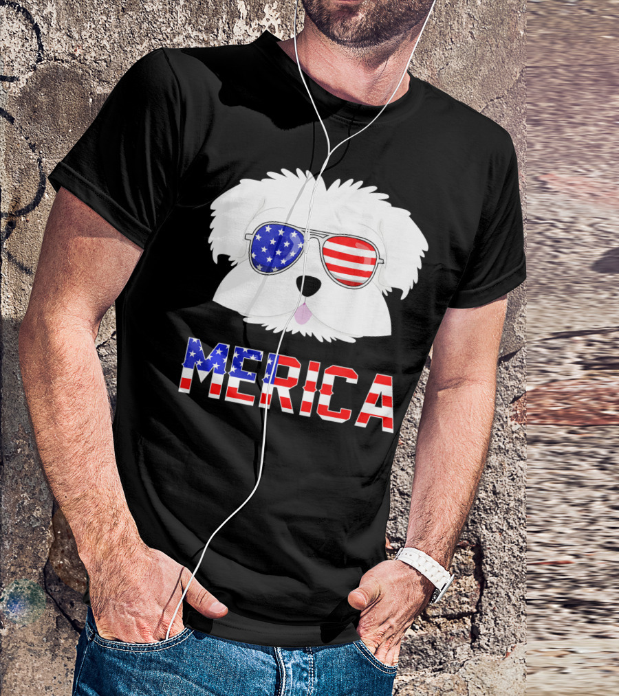 'Merica Maltese Dog 4th Of July USA Flag Sunglasses T-Shirt