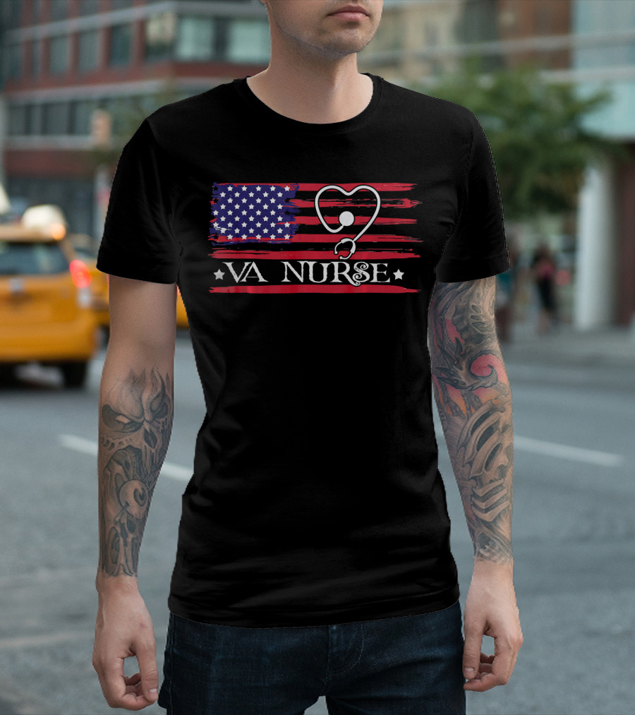 American Flag VA Nurse Heart Stethoscope Patriotic T-Shirt