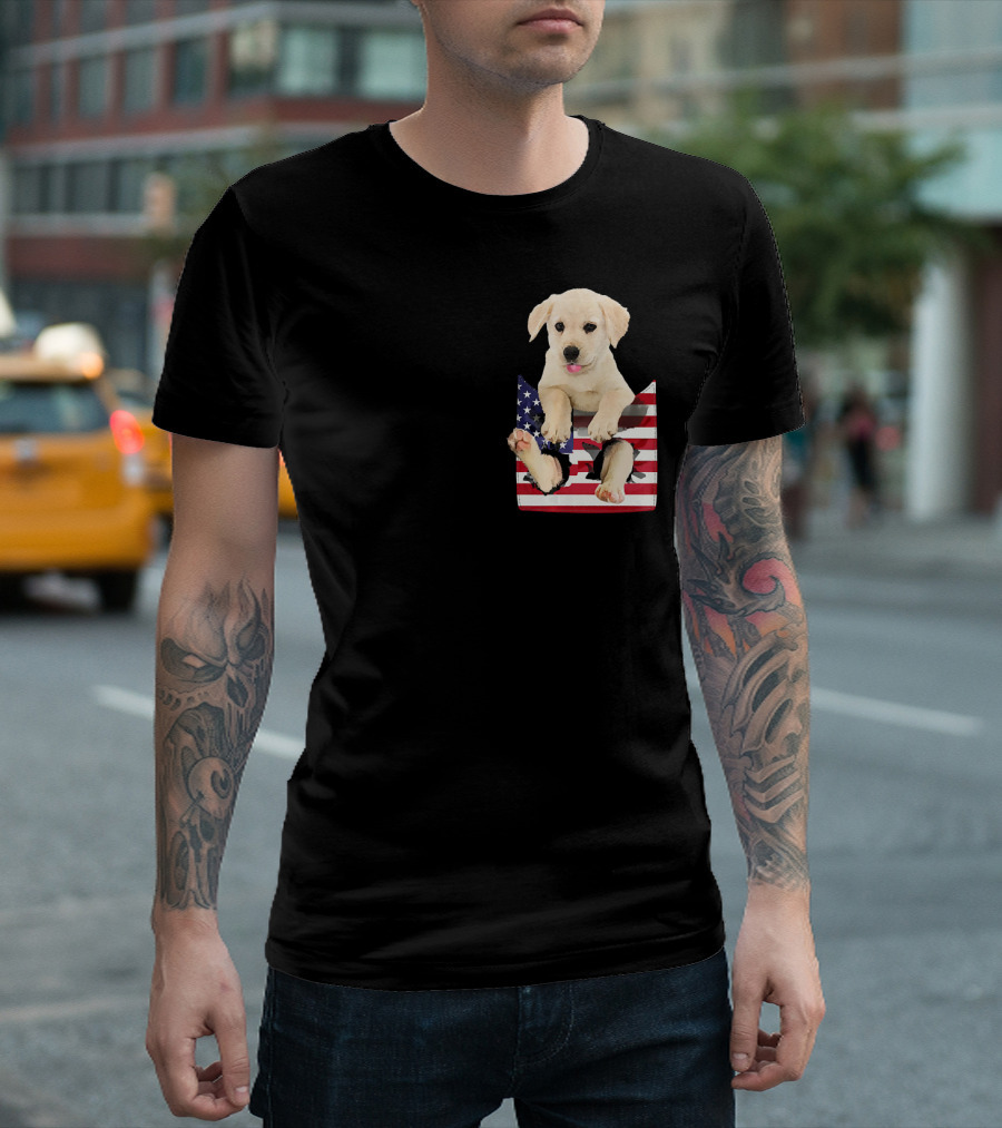 Labrador Puppy Sitting In American Flag Pocket T-Shirt