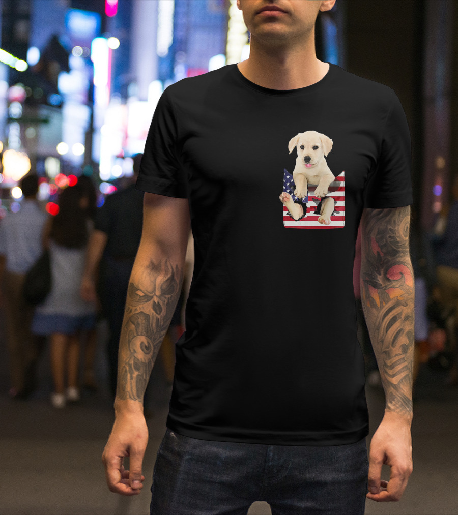 Labrador Puppy Sitting In American Flag Pocket T-Shirt