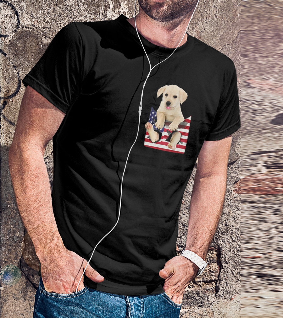 Labrador Puppy Sitting In American Flag Pocket T-Shirt
