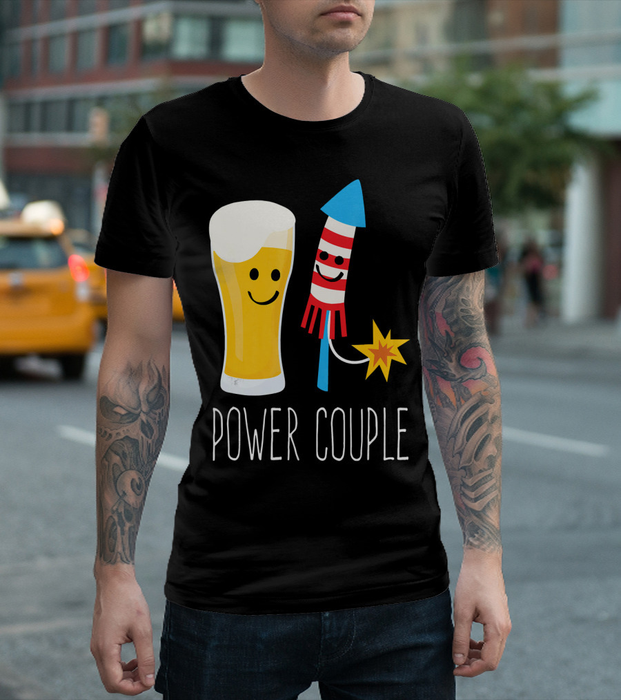 Beer and Fireworks Power Couple Smiling Glass and Rocket T-Shirt