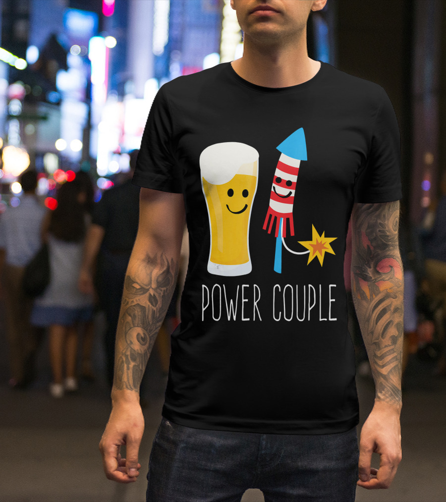 Beer And Fireworks Power Couple Smiling Glass And Rocket T-Shirt