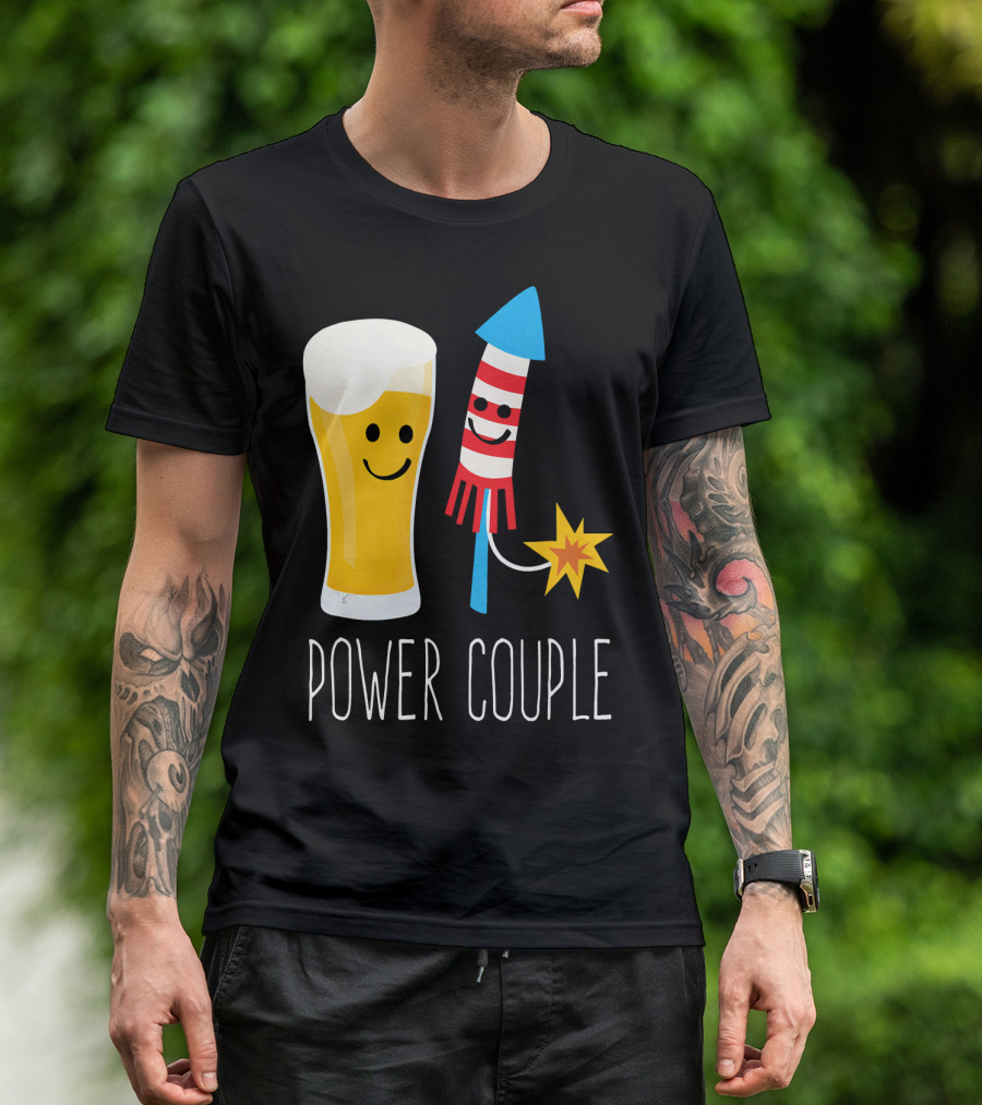Beer And Fireworks Power Couple Smiling Glass And Rocket T-Shirt