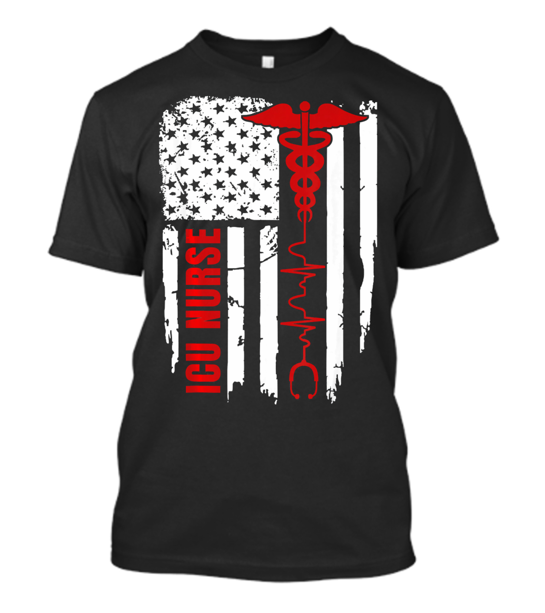 ICU Nurse American Flag Caduceus Heartbeat T-Shirt