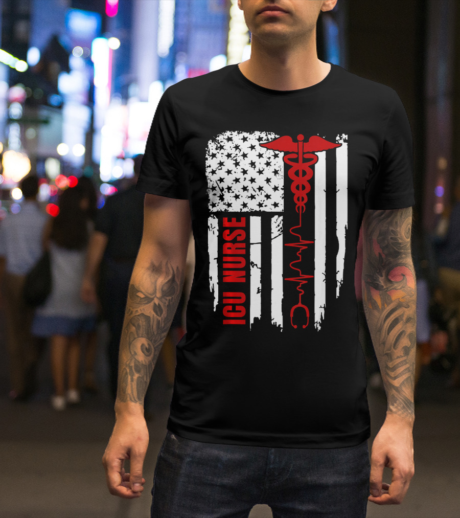 ICU Nurse American Flag Caduceus Heartbeat T-Shirt