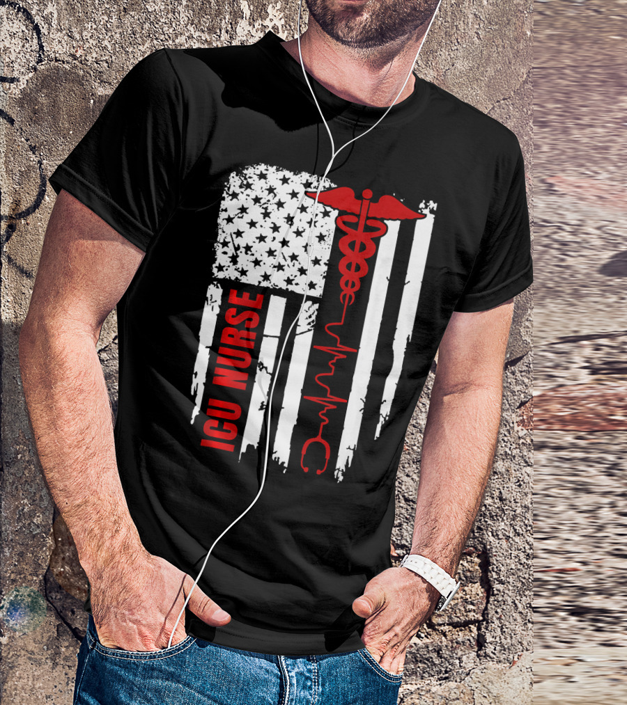 ICU Nurse American Flag Caduceus Heartbeat T-Shirt