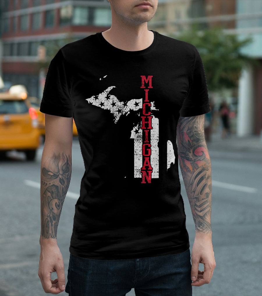 Michigan State Vintage USA Flag Patriotic Map T-Shirt