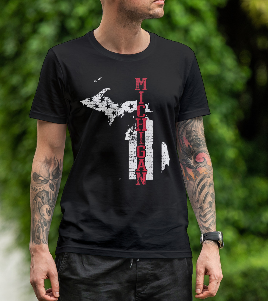 Michigan State Vintage USA Flag Patriotic Map T-Shirt