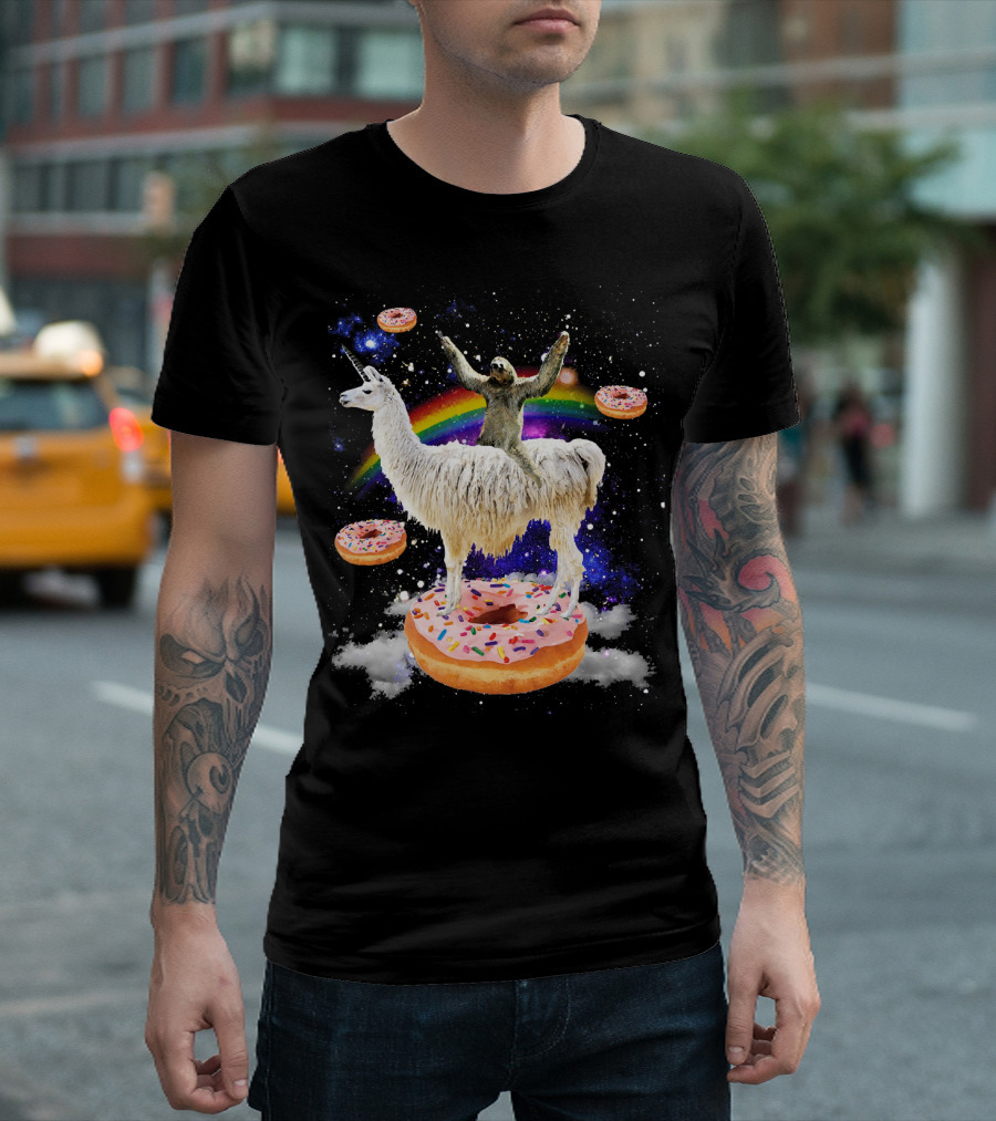 Space Adventure Sloth on Unicorn Llama with Floating Donuts and Rainbow T-Shirt