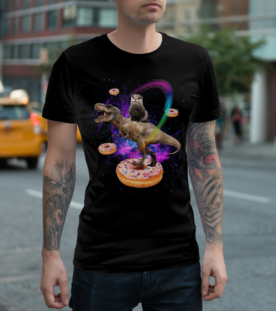 Space Otter On Dinosaur In Galaxy With Donuts T-Shirt