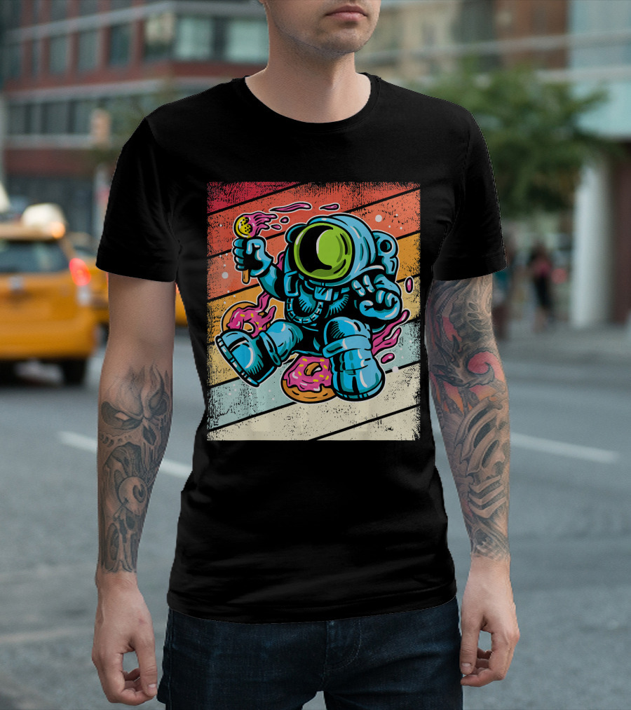 Astronaut Enjoying Ice Cream and Donuts in Retro Space Suit on Colorful T-Shirt